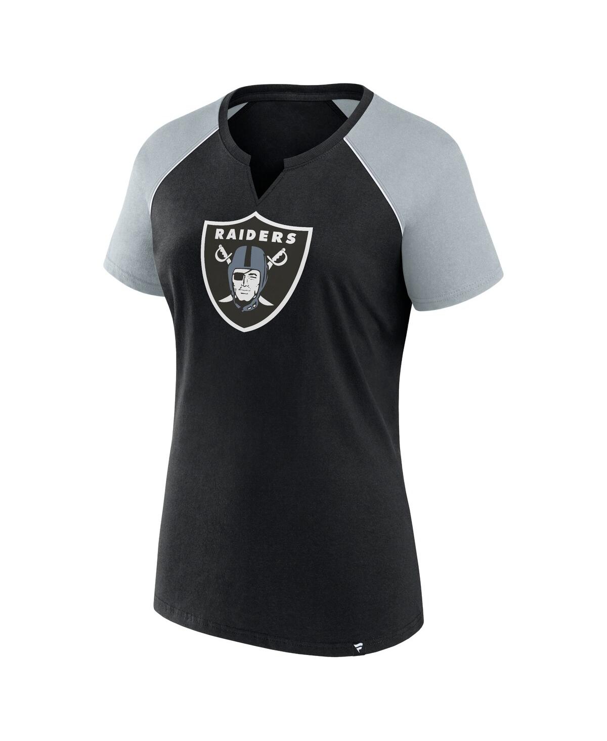 Fanatics Women's Black/silver Las Vegas Raiders Glittered Primary Raglan T-shirt In Black,silver