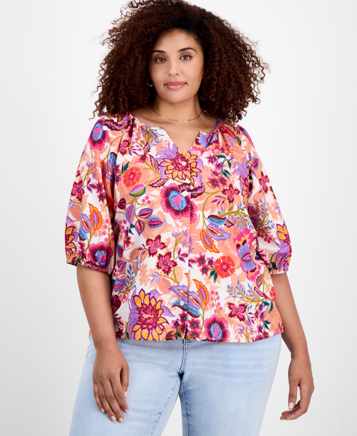 Liverpool Los Angeles Plus Size Printed Short-sleeve Blouse In Multi