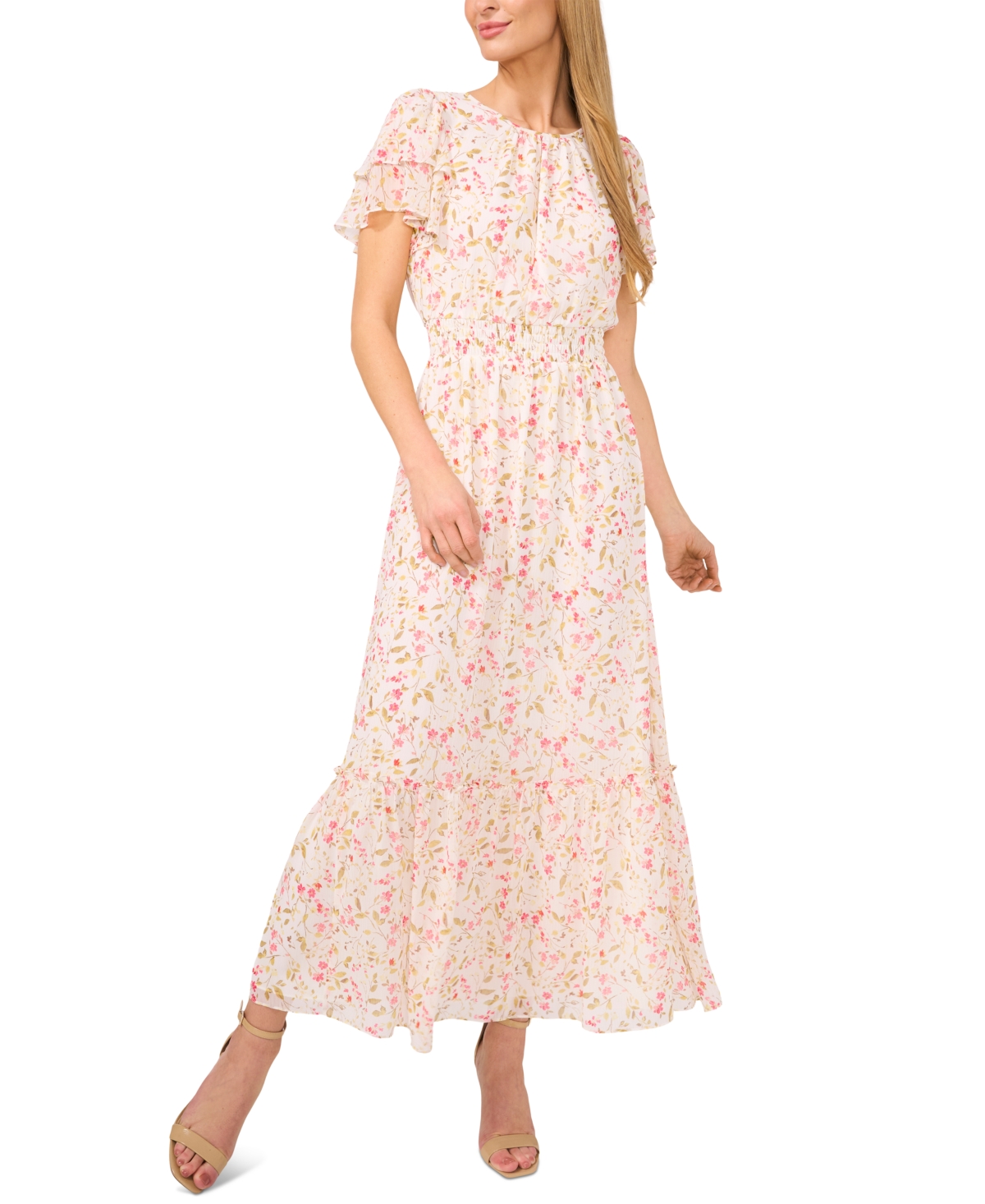 Shop Cece Women's Floral Flutter-sleeve Maxi Dress In New Ivory