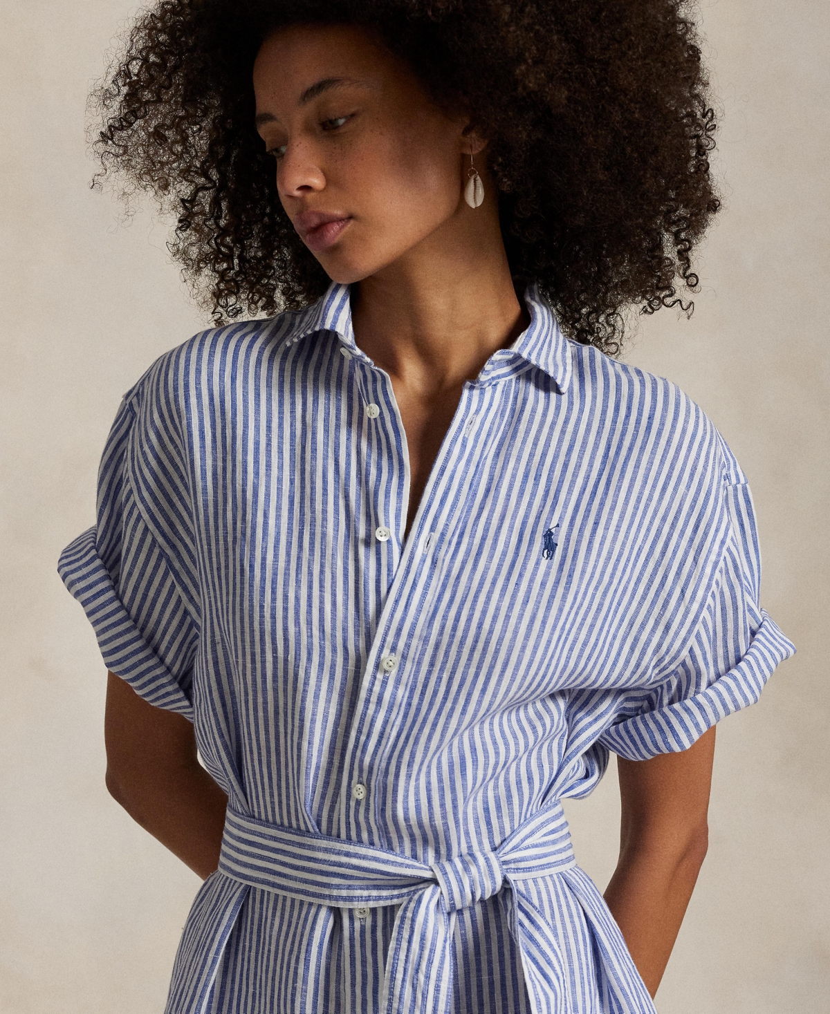 POLO RALPH LAUREN WOMEN'S STRIPED 100% LINEN SHORT-SLEEVE SHIRTDRESS 