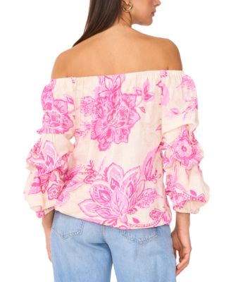 売れ筋商品|||ヴィンスカムート カットソー トップス レディース Women's Printed Linen-Blend Off-The-Shoulder Bubble-Sleeve Top Ocean Tide Vince Camuto Women's Tropical-Print Off-The-Shoulder Bubble