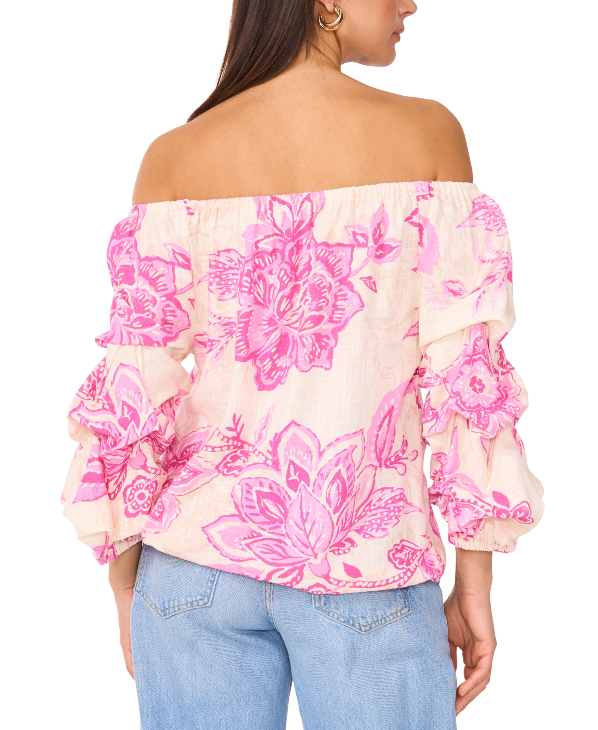Vince Camuto Off-the-shoulder Linen-blend Blouse In Pink Orchid