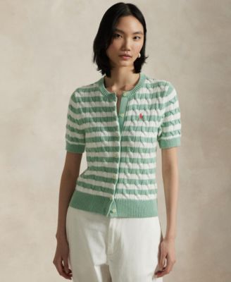 Women's Striped Cable-Knit Short-Sleeve Cardigan Sweater