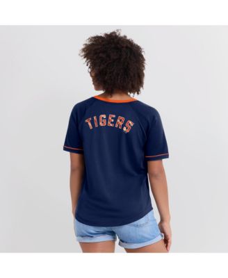 Women's Navy Detroit Tigers League Diva Star Raglan V-Neck T-Shirt