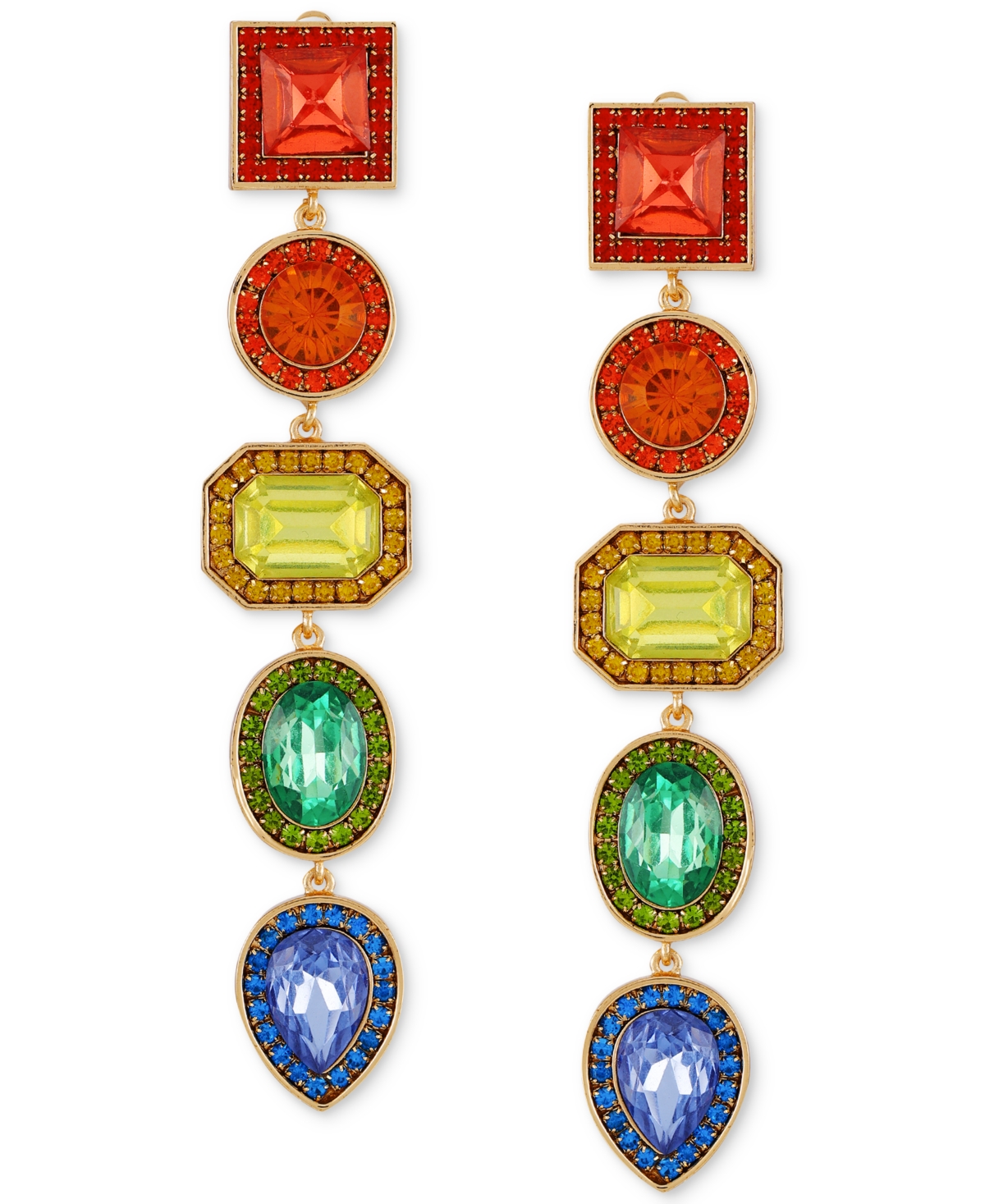 Gold-Tone Rainbow Rhinestone Clip-On Linear Drop Earrings - Gold