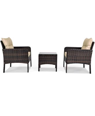 3PCS Outdoor Rattan Conversation Set Patio Furniture Cushioned Sofa Chair