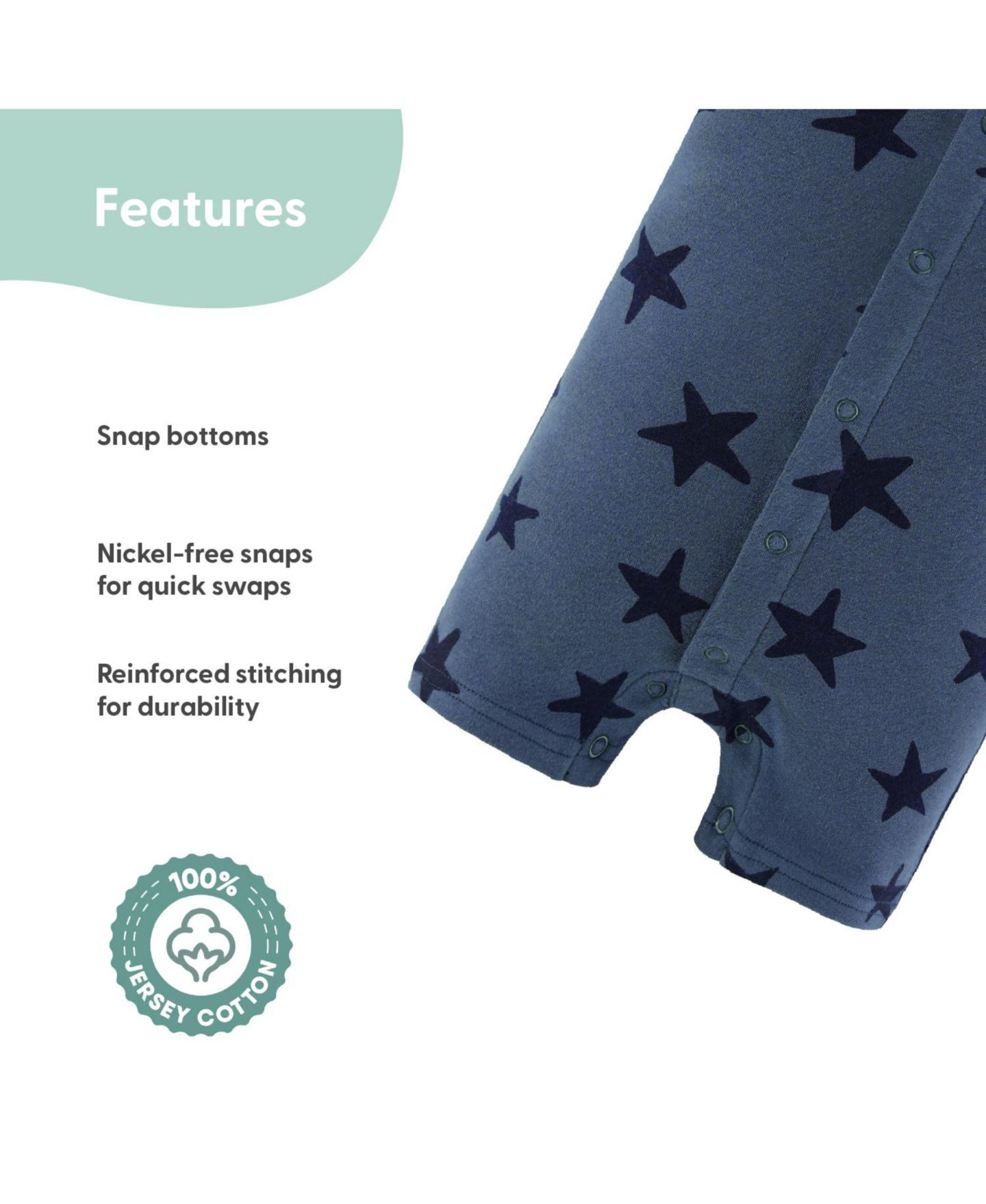 Комбинезоны The Peanutshell Rompers - 2 Pack, Blue Stars для мальчиков-малышей, цвет: Тёмно-синий / Зелёный — фото 5
