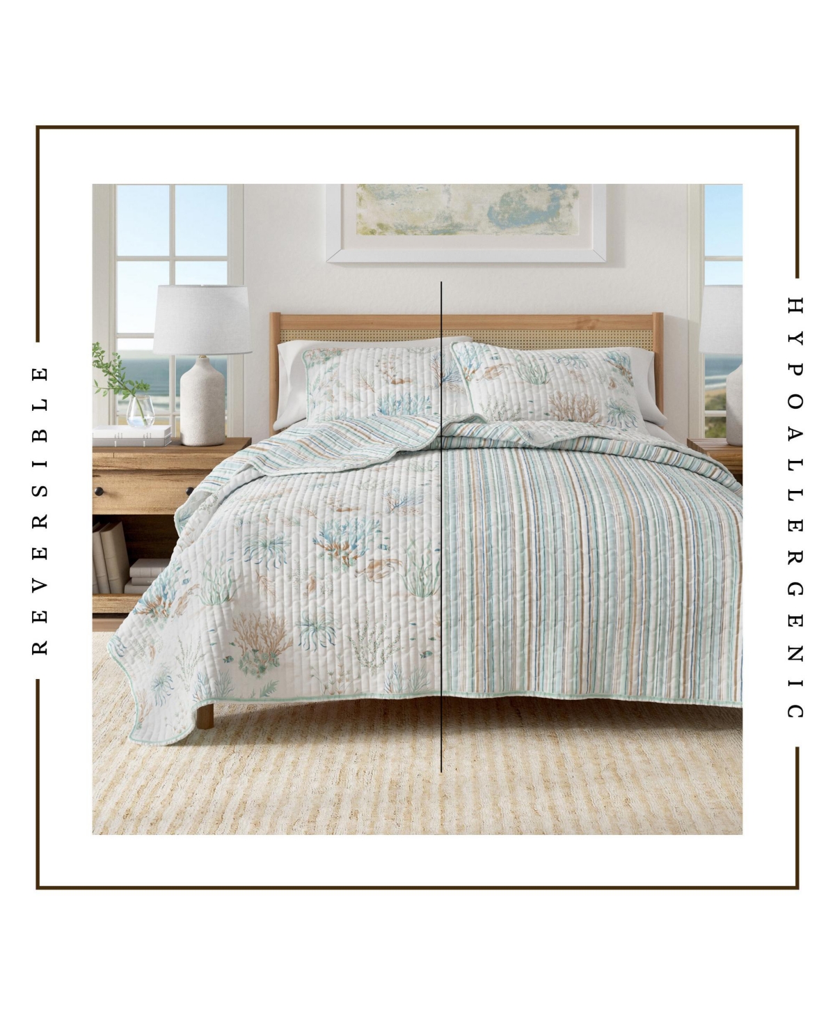 Linery & Co. Cotton Stitched Reversible Coastal 3 Piece Quilt and Sham Set