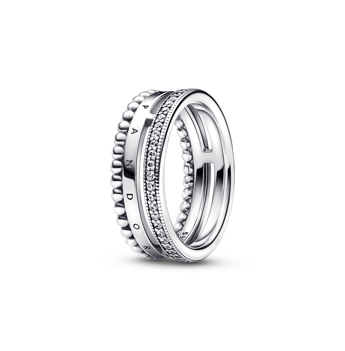 Pandora Sterling Silver Signature Logo Pave And Beads Ring In Sterling Silver