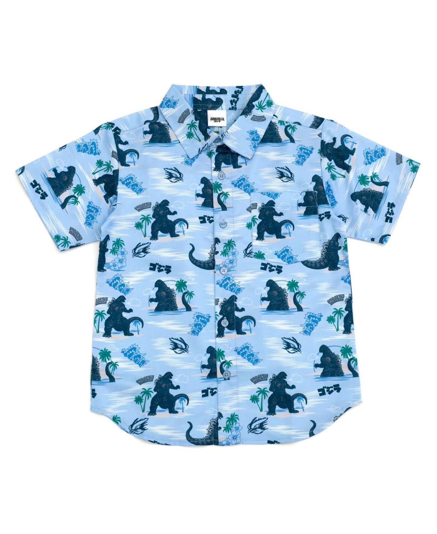 Рубашка Godzilla Matching Family Hawaiian Button Down Dress Shirt для мальчиков, цвет: Синий — фото 1