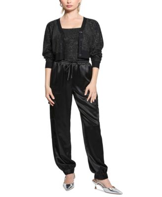 GUESS - Women's Khloe Rhinestone V-Neck Cardigan Sweater