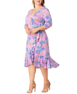 Plus Size Flirty Flounce 3/4-Sleeve Midi Wrap Dress