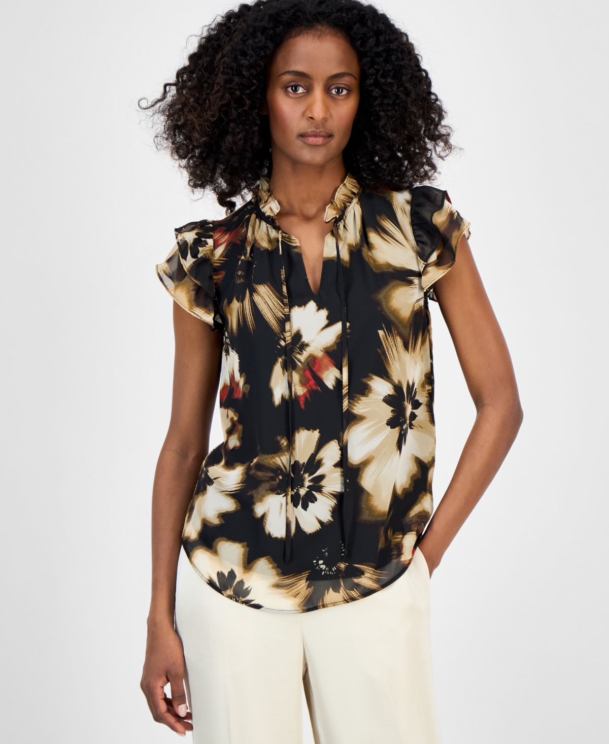 Anne Klein Ruffle Sleeve Tie Blouse
