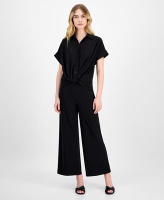 Women's Solid Twist-Front Button-Down Textured Crepe Knit Top