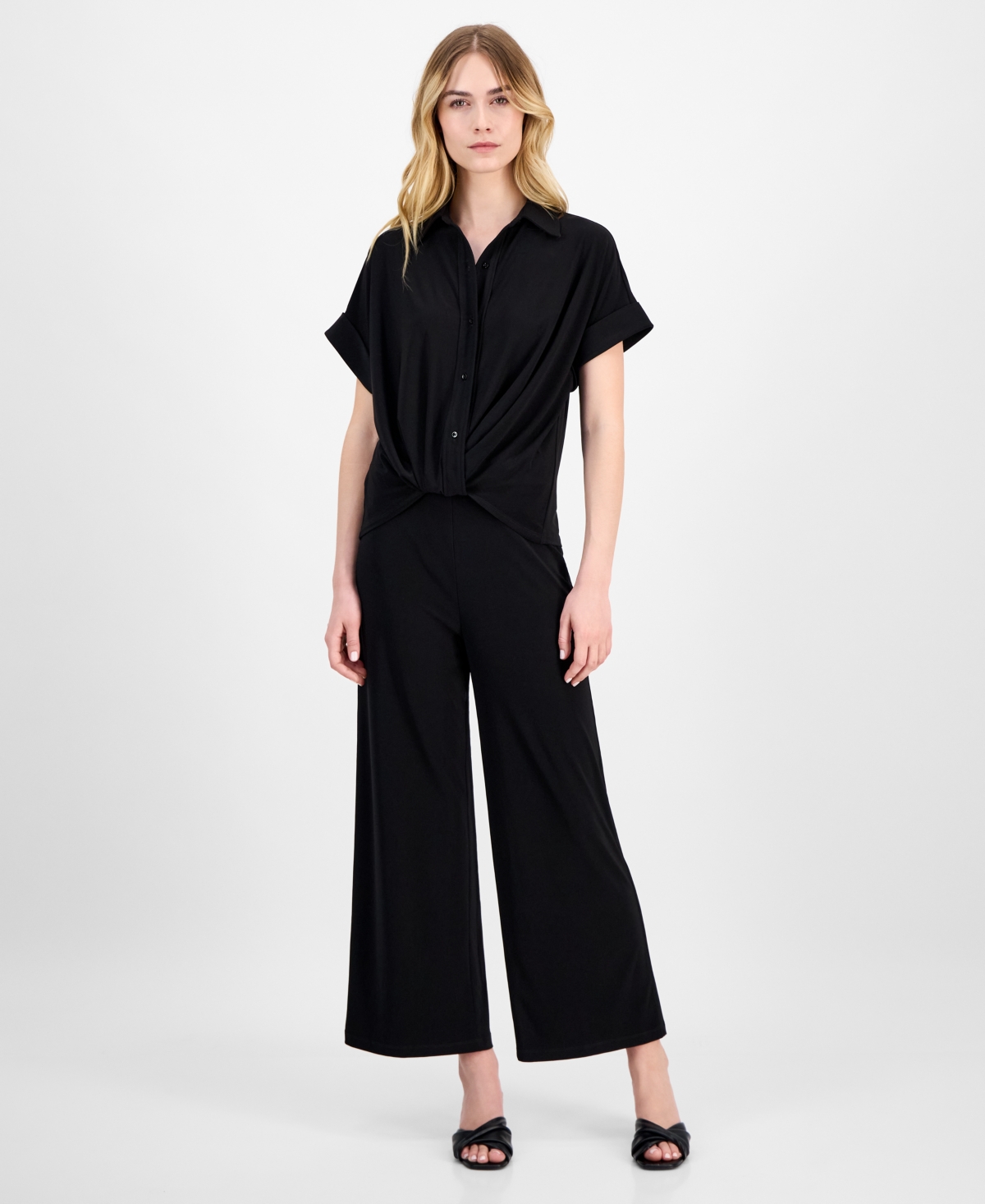 Anne Klein Women's Solid Twist-front Button-down Textured Crepe Knit Top