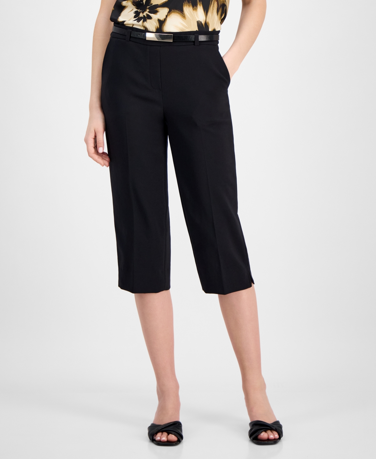 Anne Klein Women's Belted Pedal-pusher Urban-stretch Pull-on Capri Pants
