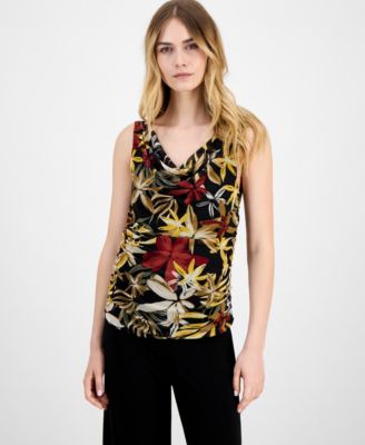Anne Klein - Women's Printed Ruched Draped-Neck Mesh Top