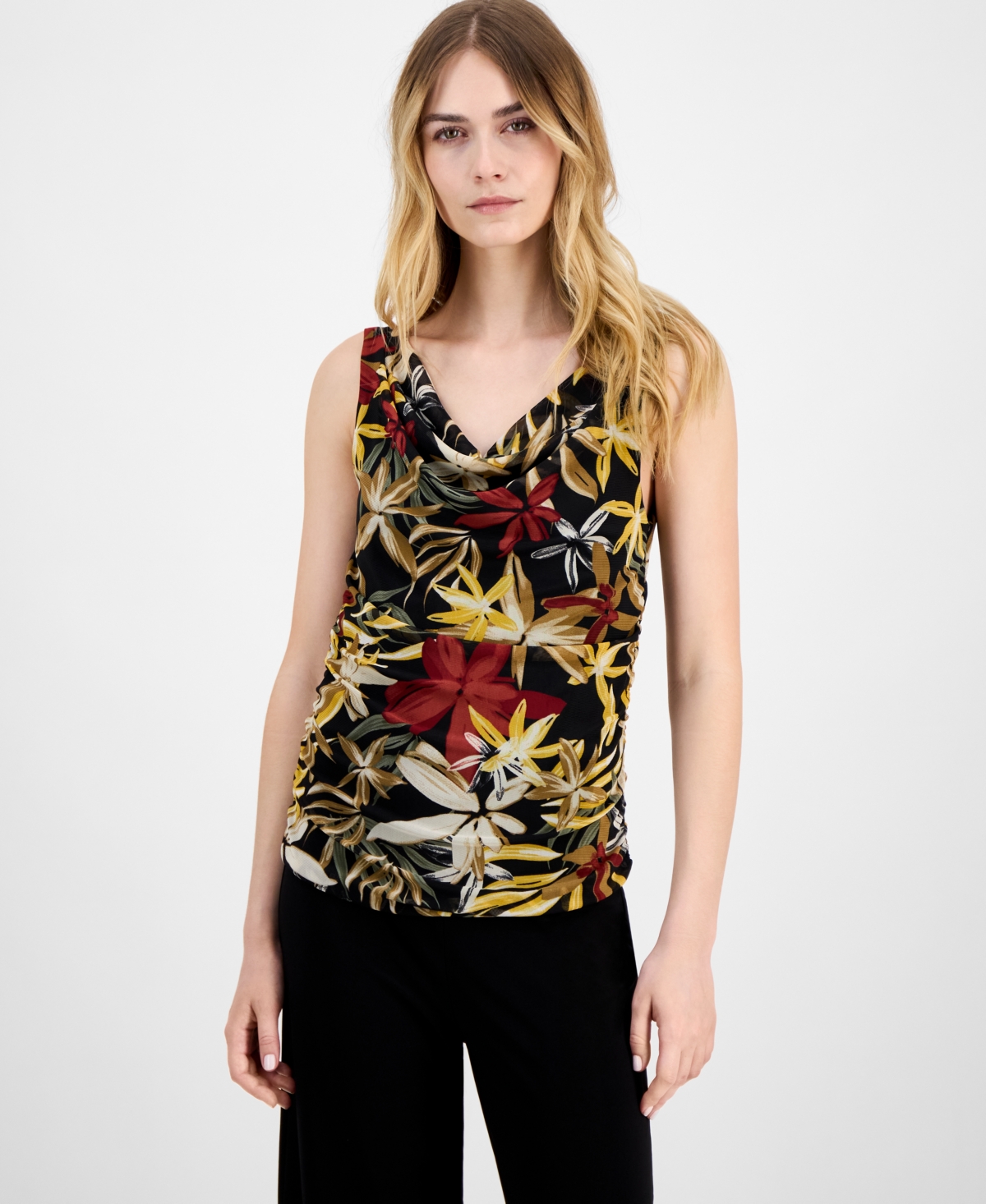 Anne Klein Floral Mesh Cowl Neck Tank In Multi