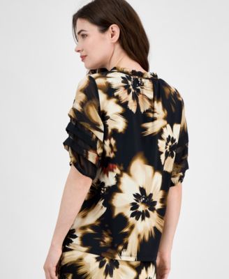Petite Floral-Print Ruched-Sleeve Top