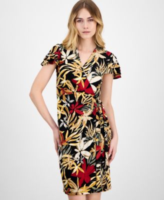 Women's Faux-Wrap Flutter-Sleeve Print Dress