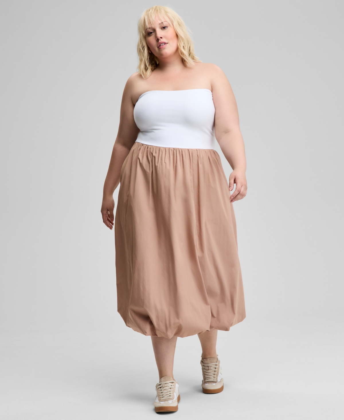 And Now This Women's Strapless Mixed Media Bubble-hem Midi Dress, Exclusively At Macy's In Nude