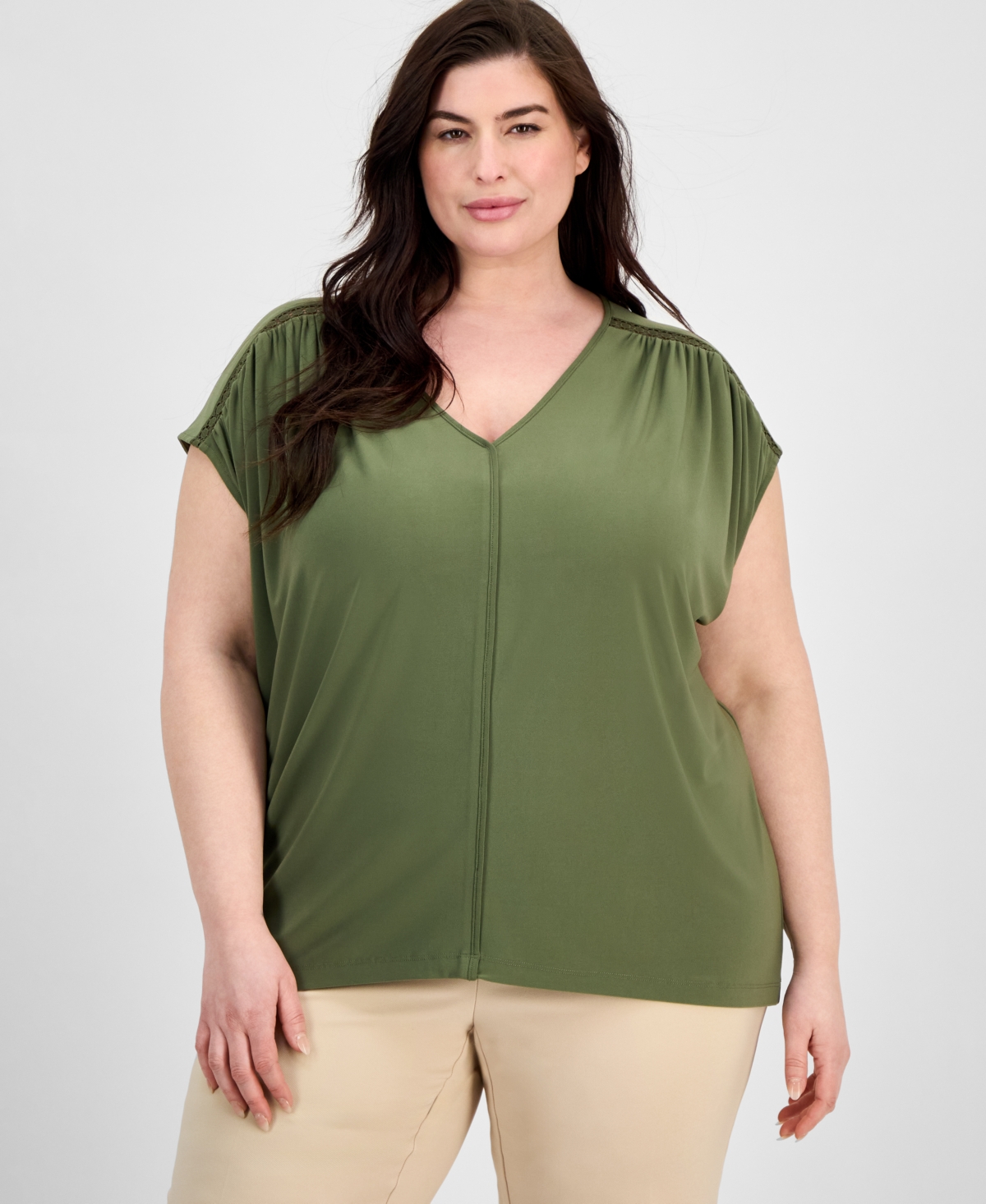 Anne Klein Plus Size Lace-trim V-neck Cap-sleeve Top