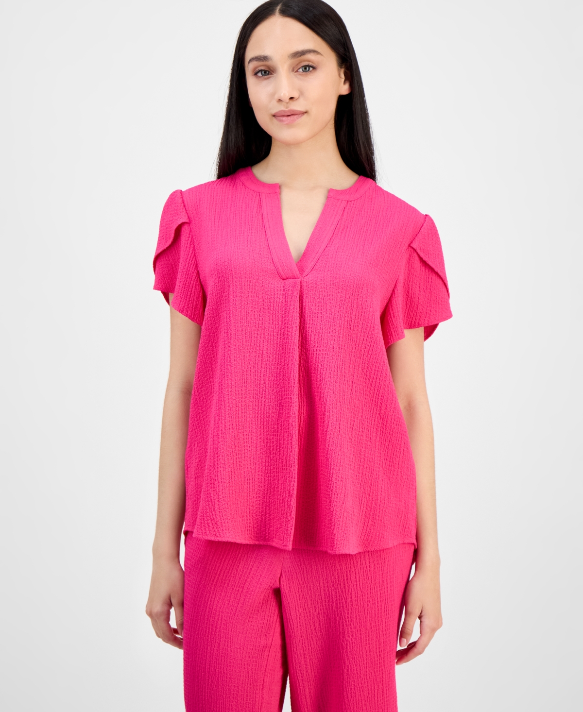 Ak Anne Klein Petite Textured V-neck Tulip Sleeve Top