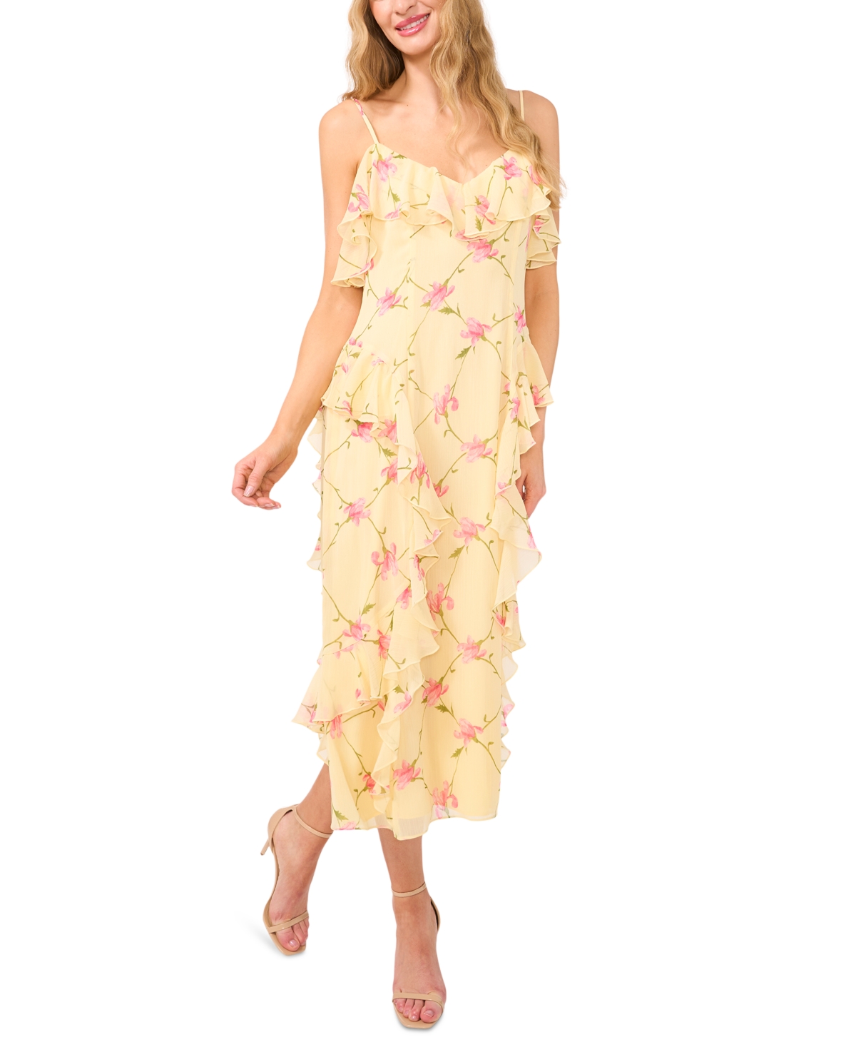Women's V-Neck Ruffle-Trim Maxi Dress - Lemon Drop