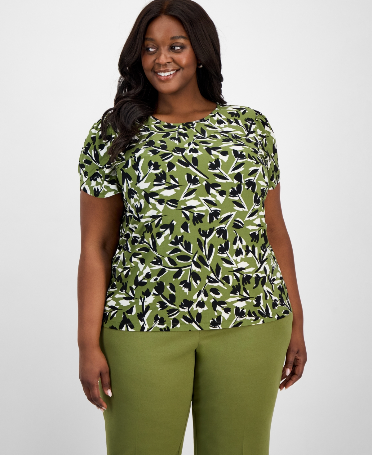 Plus Size Printed Tulip-Sleeve Blouse - Bay Leaf Multi