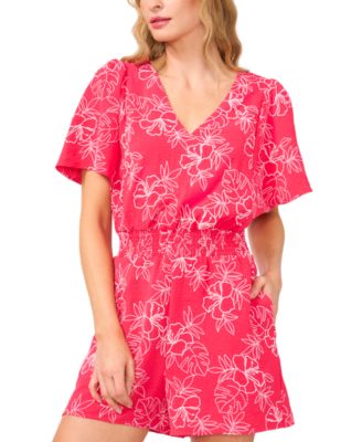 CeCe - Women's V-Neck Smocked-Waist Flutter-Sleeve Romper