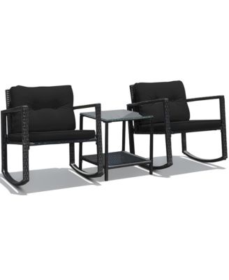 Set of 3 Rattan Patio Furniture Set Rocking Chair Set w/ Cushions Table