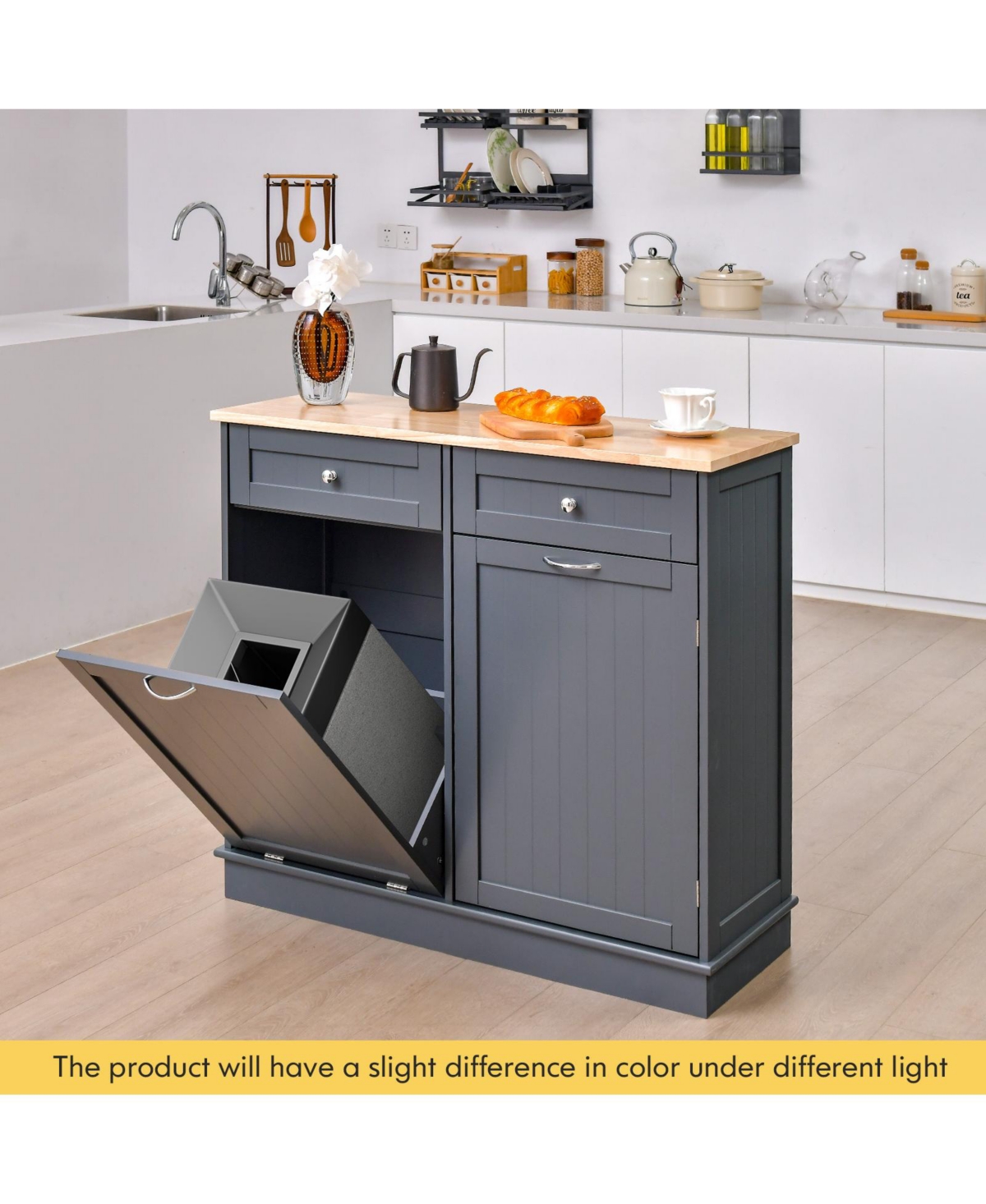 Rubber Wood Kitchen Trash Cabinet with Single Trash Can Holder and Adjustable Shelf