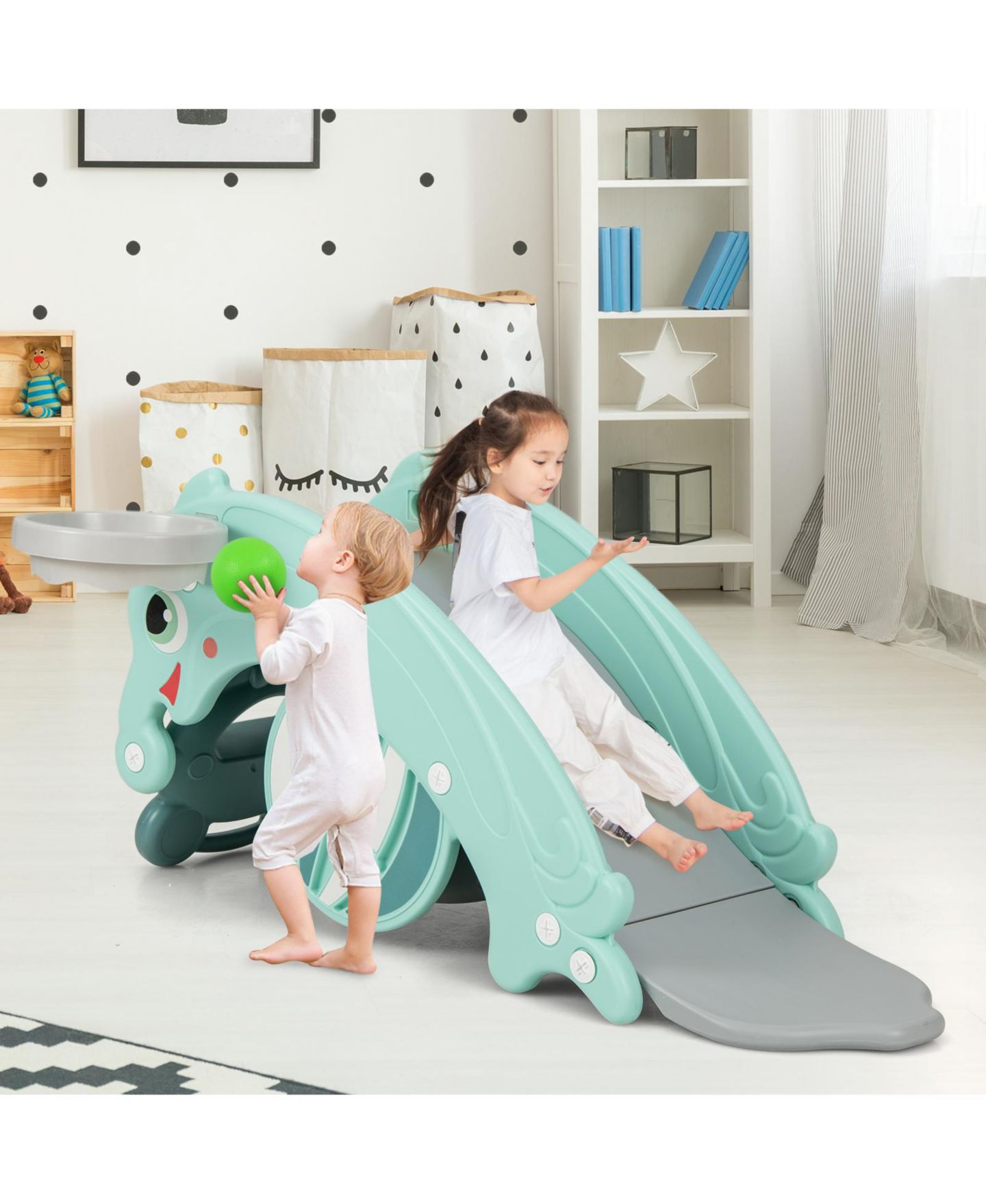 Детские игрушки GOUUN 3-in-1 Kids Slide Rocking Horse Set Convertible Toddler Slide with Basketball Hoop, цвет: Зелёный — фото 2