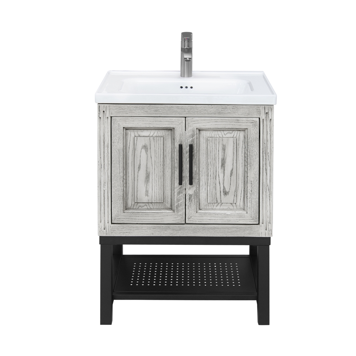 24" Bathroom Vanity with White Ceramic Sink & Faucet,Freestanding Bathroom Cabinet with 2 Storage Doors and Open iron Shelf - White+black