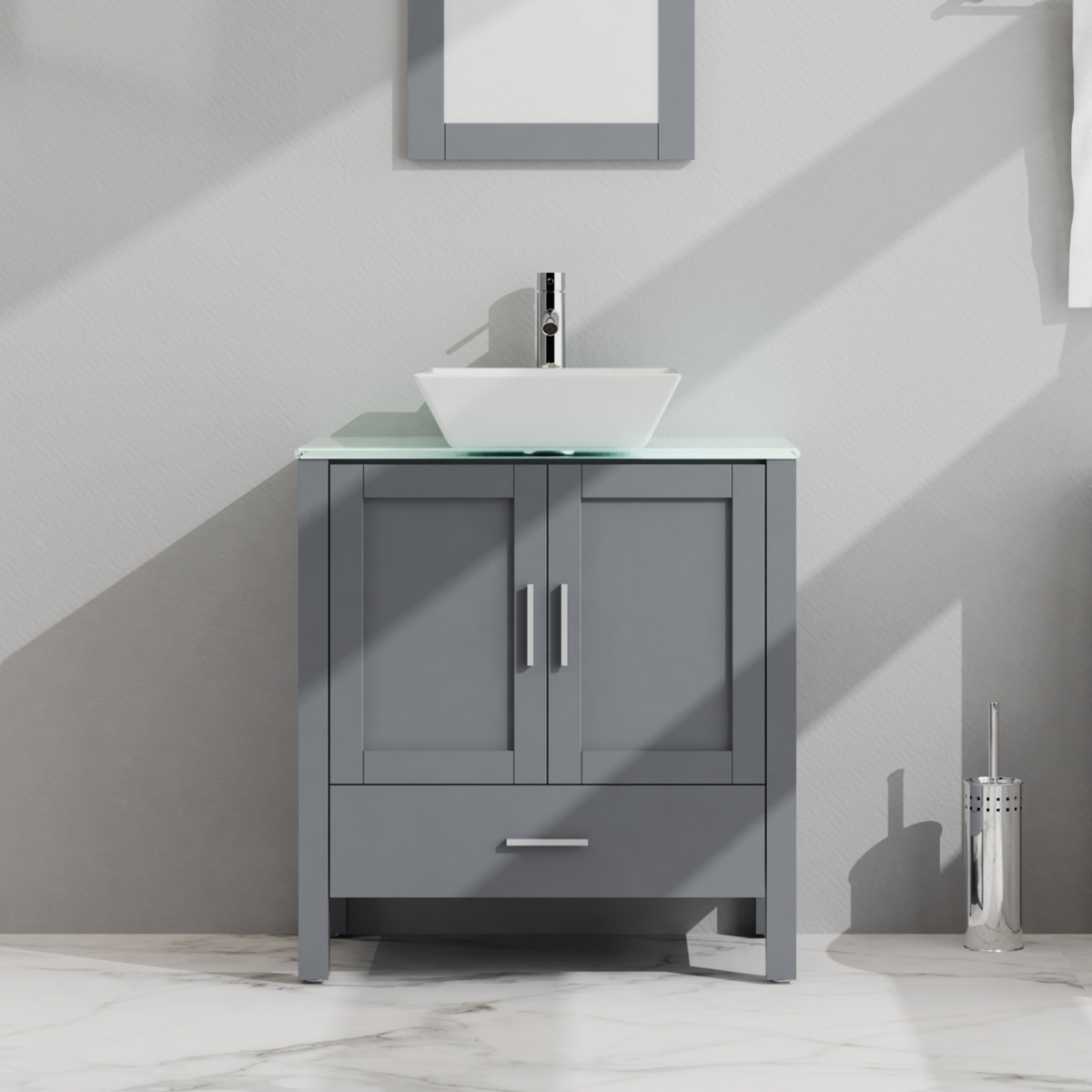 30" Gray Bathroom Vanity and Sink Combo Glass Top Cabinet With Mirror - Grey
