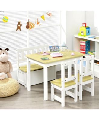 4 Pieces Kids Wooden Activity Table and Chairs Set with Storage Bench and Study Desk