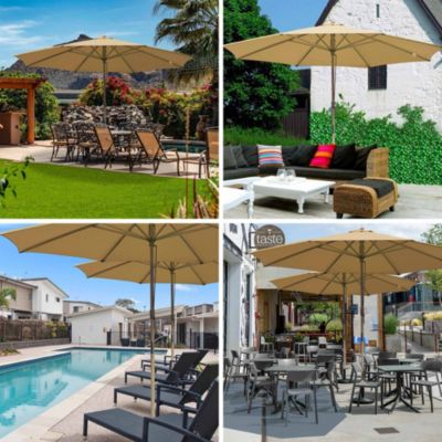 13FT Large Outdoor Patio Umbrella UV30+ Wood 8 Rib Pole for Table Beach Yard Garden Wedding Deck Cafe Pool Tan