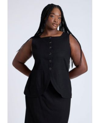 Women's Plus Size Square Neck Scoop Hem Linen Blend Vest