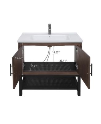 36" Freestanding Ceramic Sink Bathroom Vanity with Faucet and Iron Shelf Cabinet