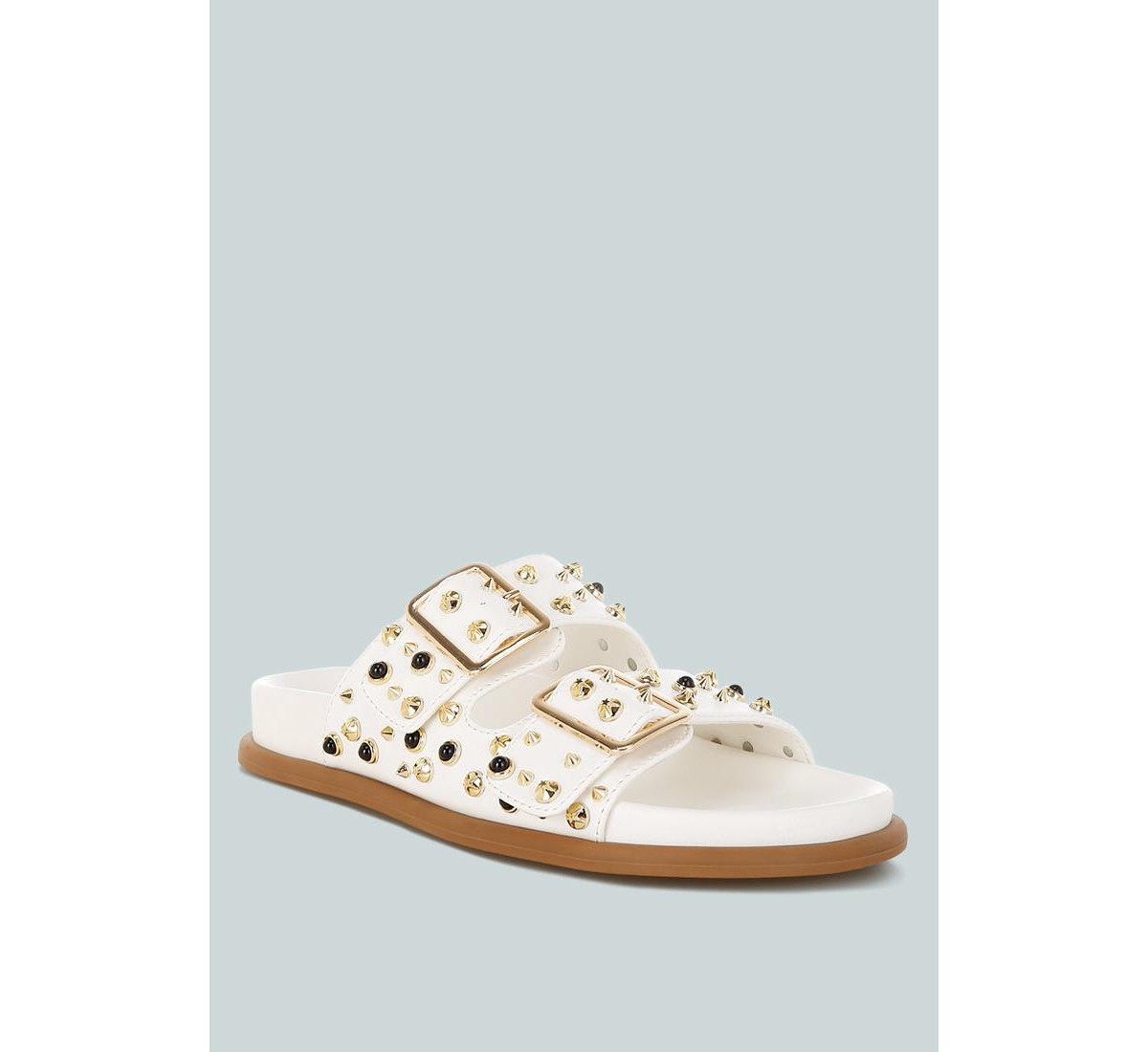 Jayata Metallic Stud Embellished Sliders - Beige
