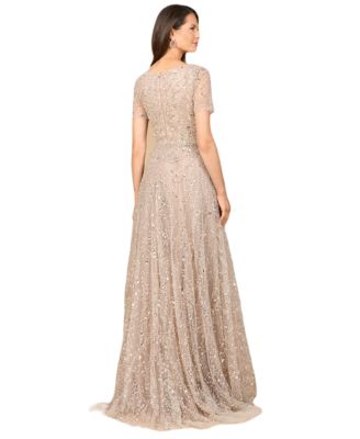 Women's Short Sleeve V-Neck Beaded Ballgown