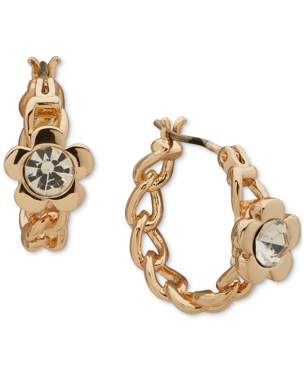 Gold-Tone Stone Flower Chain Link Small Hoop Earrings, 0.51" - Crystal White