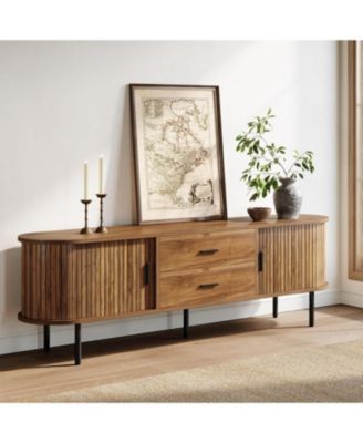 70" Walnut Wood TV Stand Fluted Tambour Doors Drawers & Adjustable Shelves Mid-Century Entertainment Console