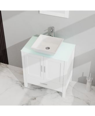 30" White Bathroom Vanity and Sink Combo Glass Top Cabinet With Mirror