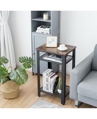 3-Tier Industrial End Table with Metal Mesh Storage Shelves