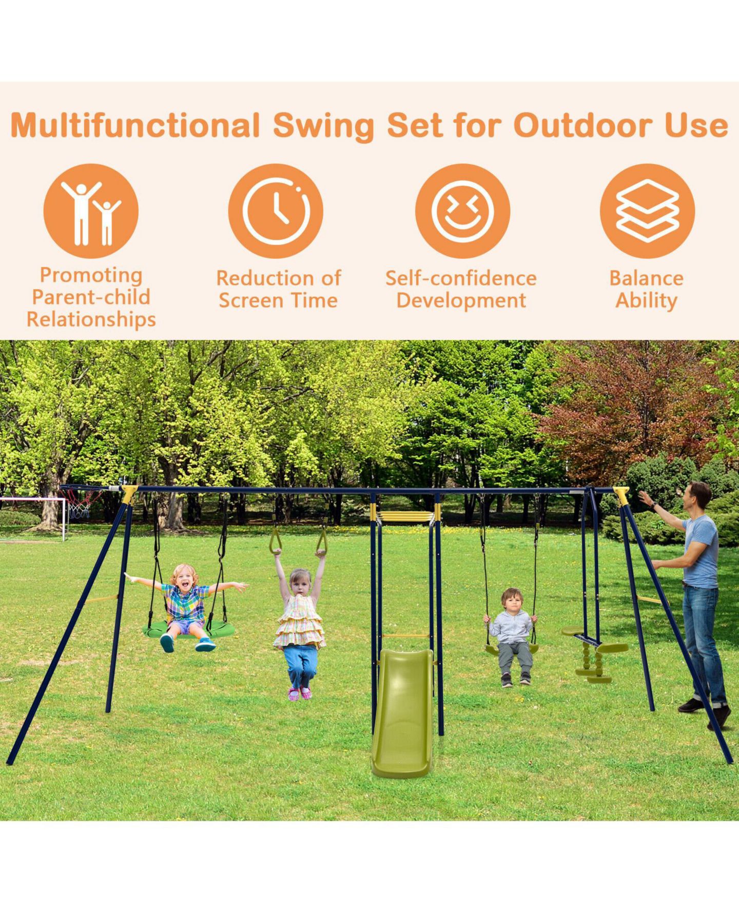 Детские игрушки HONGGE 7-in-1 A-Frame Metal Swing Set with Swing, Saucer, Glider, Slide, Gym Rings, Monkey Bar & Climbing Rope, Ages 3-10, цвет: Синий — фото 9
