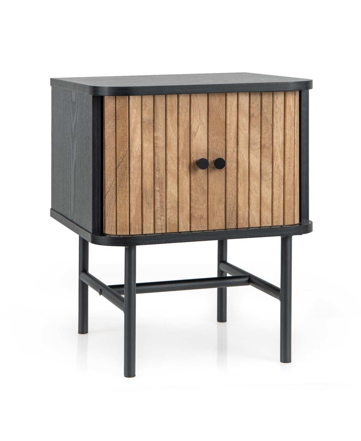 Mid-century Modern Nightstand with Sliding Doors and Storage Cabinet - Black