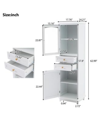 63" MDF Tall Bathroom Storage Cabinet with Glass Doors, Drawers and Adjustable Shelves