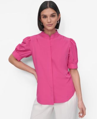 DKNY - Petite Mandarin-Collar Puff-Shoulder Shirt
