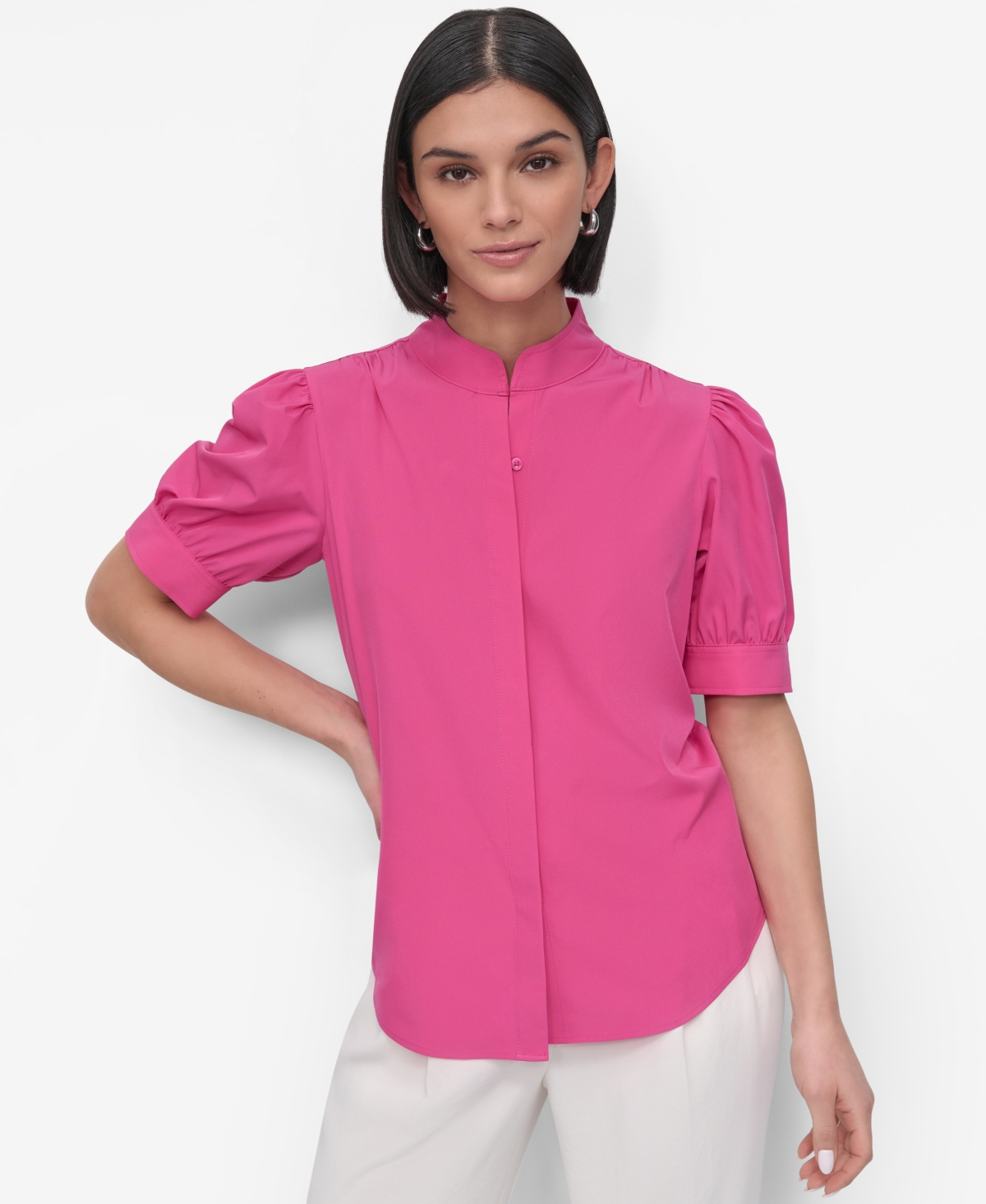 Petite Mandarin-Collar Puff-Shoulder Shirt - Vivid Pink